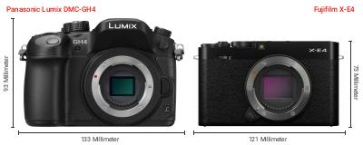 Größenvergleich: Panasonic Lumix DMC-GH4 vs. Fujifilm X-E4 Größenvergleich: Panasonic Lumix DMC-GH4 vs. Fujifilm X-E4