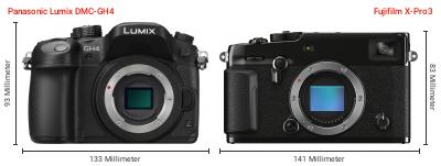 Größenvergleich: Panasonic Lumix DMC-GH4 vs. Fujifilm X-Pro3 Größenvergleich: Panasonic Lumix DMC-GH4 vs. Fujifilm X-Pro3