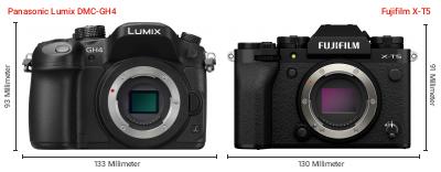 Größenvergleich: Panasonic Lumix DMC-GH4 vs. Fujifilm X-T5 Größenvergleich: Panasonic Lumix DMC-GH4 vs. Fujifilm X-T5