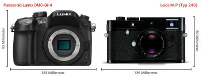 Größenvergleich: Panasonic Lumix DMC-GH4 vs. Leica M-P (Typ 240) Größenvergleich: Panasonic Lumix DMC-GH4 vs. Leica M-P (Typ 240)