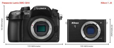 Größenvergleich: Panasonic Lumix DMC-GH4 vs. Nikon 1 J4 Größenvergleich: Panasonic Lumix DMC-GH4 vs. Nikon 1 J4