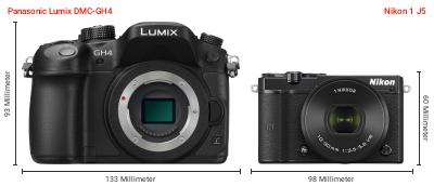 Größenvergleich: Panasonic Lumix DMC-GH4 vs. Nikon 1 J5 Größenvergleich: Panasonic Lumix DMC-GH4 vs. Nikon 1 J5