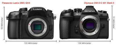 Größenvergleich: Panasonic Lumix DMC-GH4 vs. OM System OM-D E-M1 Mark II Größenvergleich: Panasonic Lumix DMC-GH4 vs. OM System OM-D E-M1 Mark II