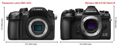 Größenvergleich: Panasonic Lumix DMC-GH4 vs. OM System OM-D E-M1 Mark III Größenvergleich: Panasonic Lumix DMC-GH4 vs. OM System OM-D E-M1 Mark III