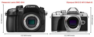 Größenvergleich: Panasonic Lumix DMC-GH4 vs. OM System OM-D E-M10 Mark III Größenvergleich: Panasonic Lumix DMC-GH4 vs. OM System OM-D E-M10 Mark III