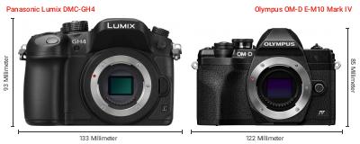 Größenvergleich: Panasonic Lumix DMC-GH4 vs. OM System OM-D E-M10 Mark IV Größenvergleich: Panasonic Lumix DMC-GH4 vs. OM System OM-D E-M10 Mark IV