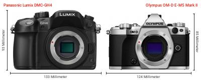 Größenvergleich: Panasonic Lumix DMC-GH4 vs. OM System OM-D E-M5 Mark II Größenvergleich: Panasonic Lumix DMC-GH4 vs. OM System OM-D E-M5 Mark II
