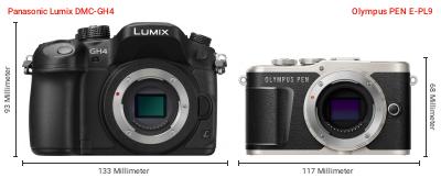 Größenvergleich: Panasonic Lumix DMC-GH4 vs. OM System PEN E-PL9 Größenvergleich: Panasonic Lumix DMC-GH4 vs. OM System PEN E-PL9