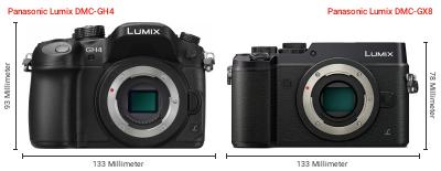 Größenvergleich: Panasonic Lumix DMC-GH4 vs. Panasonic Lumix DMC-GX8 Größenvergleich: Panasonic Lumix DMC-GH4 vs. Panasonic Lumix DMC-GX8
