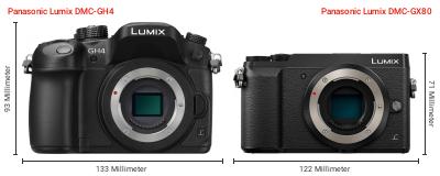 Größenvergleich: Panasonic Lumix DMC-GH4 vs. Panasonic Lumix DMC-GX80 Größenvergleich: Panasonic Lumix DMC-GH4 vs. Panasonic Lumix DMC-GX80