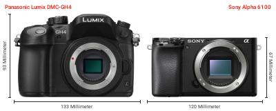 Größenvergleich: Panasonic Lumix DMC-GH4 vs. Sony Alpha 6100 Größenvergleich: Panasonic Lumix DMC-GH4 vs. Sony Alpha 6100