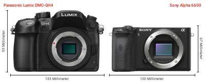 Größenvergleich: Panasonic Lumix DMC-GH4 vs. Sony Alpha 6600 Größenvergleich: Panasonic Lumix DMC-GH4 vs. Sony Alpha 6600