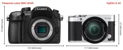 Größenvergleich: Panasonic Lumix DMC-GH4R vs. Fujifilm X-A3 Größenvergleich: Panasonic Lumix DMC-GH4R vs. Fujifilm X-A3