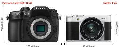 Größenvergleich: Panasonic Lumix DMC-GH4R vs. Fujifilm X-A5 Größenvergleich: Panasonic Lumix DMC-GH4R vs. Fujifilm X-A5