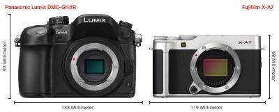 Größenvergleich: Panasonic Lumix DMC-GH4R vs. Fujifilm X-A7 Größenvergleich: Panasonic Lumix DMC-GH4R vs. Fujifilm X-A7