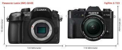 Größenvergleich: Panasonic Lumix DMC-GH4R vs. Fujifilm X-T20 Größenvergleich: Panasonic Lumix DMC-GH4R vs. Fujifilm X-T20