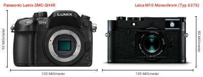 Größenvergleich: Panasonic Lumix DMC-GH4R vs. Leica M10 Monochrom (Typ 6376) Größenvergleich: Panasonic Lumix DMC-GH4R vs. Leica M10 Monochrom (Typ 6376)