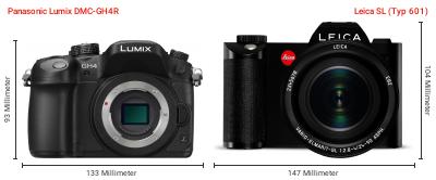 Größenvergleich: Panasonic Lumix DMC-GH4R vs. Leica SL (Typ 601) Größenvergleich: Panasonic Lumix DMC-GH4R vs. Leica SL (Typ 601)