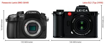 Größenvergleich: Panasonic Lumix DMC-GH4R vs. Leica SL2 (Typ 2998) Größenvergleich: Panasonic Lumix DMC-GH4R vs. Leica SL2 (Typ 2998)