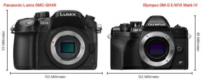 Größenvergleich: Panasonic Lumix DMC-GH4R vs. OM System OM-D E-M10 Mark IV Größenvergleich: Panasonic Lumix DMC-GH4R vs. OM System OM-D E-M10 Mark IV