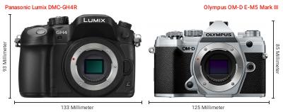 Größenvergleich: Panasonic Lumix DMC-GH4R vs. OM System OM-D E-M5 Mark III Größenvergleich: Panasonic Lumix DMC-GH4R vs. OM System OM-D E-M5 Mark III