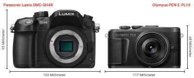 Größenvergleich: Panasonic Lumix DMC-GH4R vs. OM System PEN E-PL10 Größenvergleich: Panasonic Lumix DMC-GH4R vs. OM System PEN E-PL10