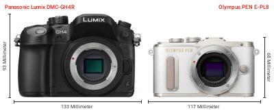 Größenvergleich: Panasonic Lumix DMC-GH4R vs. OM System PEN E-PL8 Größenvergleich: Panasonic Lumix DMC-GH4R vs. OM System PEN E-PL8