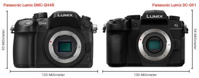 Größenvergleich: Panasonic Lumix DMC-GH4R vs. Panasonic Lumix DC-G91 Größenvergleich: Panasonic Lumix DMC-GH4R vs. Panasonic Lumix DC-G91