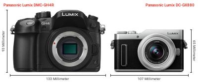 Größenvergleich: Panasonic Lumix DMC-GH4R vs. Panasonic Lumix DC-GX880 Größenvergleich: Panasonic Lumix DMC-GH4R vs. Panasonic Lumix DC-GX880