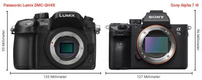 Größenvergleich: Panasonic Lumix DMC-GH4R vs. Sony Alpha 7 III