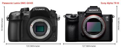 Größenvergleich: Panasonic Lumix DMC-GH4R vs. Sony Alpha 7R III Größenvergleich: Panasonic Lumix DMC-GH4R vs. Sony Alpha 7R III