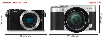 Größenvergleich: Panasonic Lumix DMC-GM1 vs. Fujifilm X-A3 Größenvergleich: Panasonic Lumix DMC-GM1 vs. Fujifilm X-A3