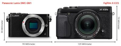 Größenvergleich: Panasonic Lumix DMC-GM1 vs. Fujifilm X-E2S Größenvergleich: Panasonic Lumix DMC-GM1 vs. Fujifilm X-E2S