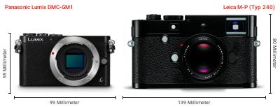 Größenvergleich: Panasonic Lumix DMC-GM1 vs. Leica M-P (Typ 240) Größenvergleich: Panasonic Lumix DMC-GM1 vs. Leica M-P (Typ 240)
