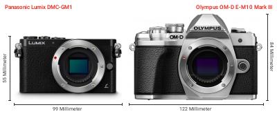 Größenvergleich: Panasonic Lumix DMC-GM1 vs. OM System OM-D E-M10 Mark III Größenvergleich: Panasonic Lumix DMC-GM1 vs. OM System OM-D E-M10 Mark III