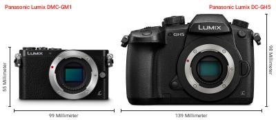 Größenvergleich: Panasonic Lumix DMC-GM1 vs. Panasonic Lumix DC-GH5 Größenvergleich: Panasonic Lumix DMC-GM1 vs. Panasonic Lumix DC-GH5