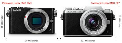 Größenvergleich: Panasonic Lumix DMC-GM1 vs. Panasonic Lumix DMC-GF7 Größenvergleich: Panasonic Lumix DMC-GM1 vs. Panasonic Lumix DMC-GF7
