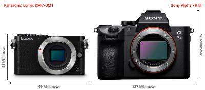 Größenvergleich: Panasonic Lumix DMC-GM1 vs. Sony Alpha 7R III Größenvergleich: Panasonic Lumix DMC-GM1 vs. Sony Alpha 7R III