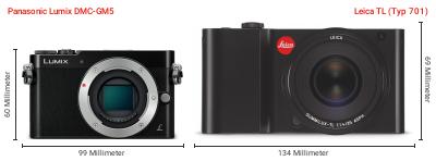 Größenvergleich: Panasonic Lumix DMC-GM5 vs. Leica TL (Typ 701) Größenvergleich: Panasonic Lumix DMC-GM5 vs. Leica TL (Typ 701)