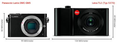Größenvergleich: Panasonic Lumix DMC-GM5 vs. Leica TL2 (Typ 5370) Größenvergleich: Panasonic Lumix DMC-GM5 vs. Leica TL2 (Typ 5370)