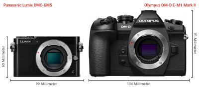 Größenvergleich: Panasonic Lumix DMC-GM5 vs. OM System OM-D E-M1 Mark II