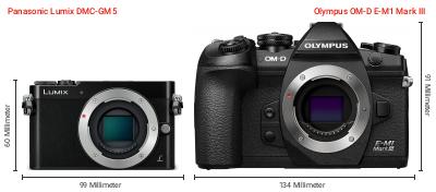 Größenvergleich: Panasonic Lumix DMC-GM5 vs. OM System OM-D E-M1 Mark III Größenvergleich: Panasonic Lumix DMC-GM5 vs. OM System OM-D E-M1 Mark III