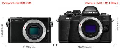 Größenvergleich: Panasonic Lumix DMC-GM5 vs. OM System OM-D E-M10 Mark II Größenvergleich: Panasonic Lumix DMC-GM5 vs. OM System OM-D E-M10 Mark II