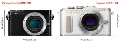 Größenvergleich: Panasonic Lumix DMC-GM5 vs. OM System PEN E-PL8 Größenvergleich: Panasonic Lumix DMC-GM5 vs. OM System PEN E-PL8