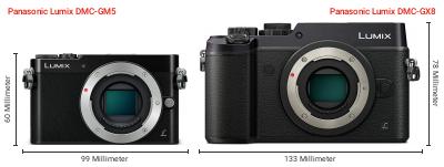 Größenvergleich: Panasonic Lumix DMC-GM5 vs. Panasonic Lumix DMC-GX8 Größenvergleich: Panasonic Lumix DMC-GM5 vs. Panasonic Lumix DMC-GX8