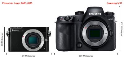 Größenvergleich: Panasonic Lumix DMC-GM5 vs. Samsung NX1 Größenvergleich: Panasonic Lumix DMC-GM5 vs. Samsung NX1