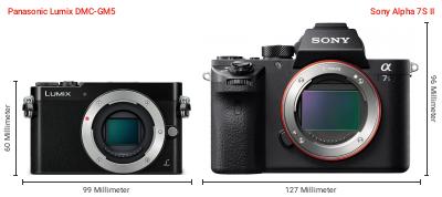 Größenvergleich: Panasonic Lumix DMC-GM5 vs. Sony Alpha 7S II Größenvergleich: Panasonic Lumix DMC-GM5 vs. Sony Alpha 7S II