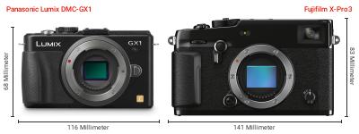 Größenvergleich: Panasonic Lumix DMC-GX1 vs. Fujifilm X-Pro3