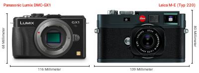Größenvergleich: Panasonic Lumix DMC-GX1 vs. Leica M-E (Typ 220) Größenvergleich: Panasonic Lumix DMC-GX1 vs. Leica M-E (Typ 220)