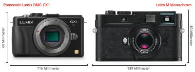 Größenvergleich: Panasonic Lumix DMC-GX1 vs. Leica M Monochrom Größenvergleich: Panasonic Lumix DMC-GX1 vs. Leica M Monochrom